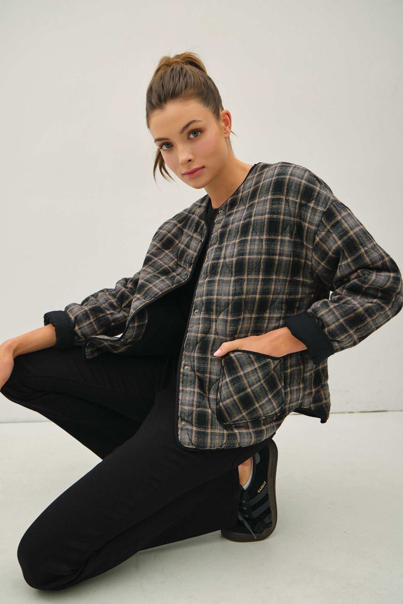Quilted Plaid Button Up Jacket
