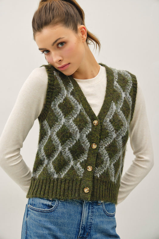 Argyle Sweater Vest in Winter Green