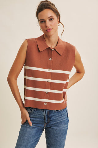 Desert Sun Stripe Button-Down Sweater Vest in Terracotta