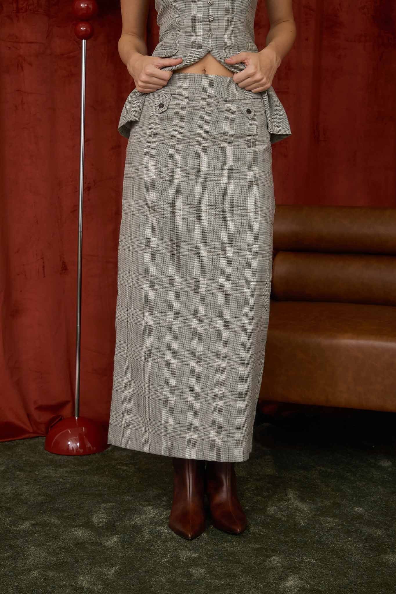 Plaid Split Hem Midi Pencil Skirt