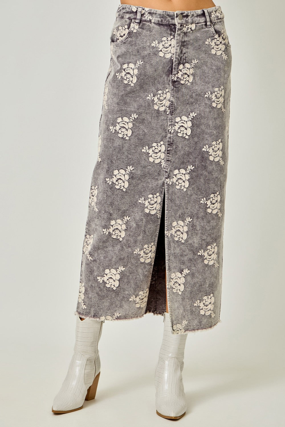 Embroidered Front Slit Corduroy Skirt in Charcoal