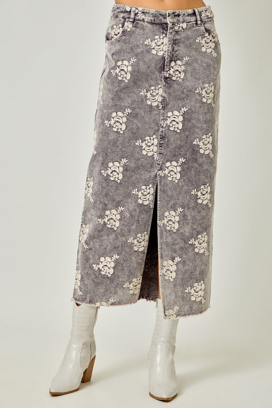 Embroidered Front Slit Corduroy Skirt in Charcoal