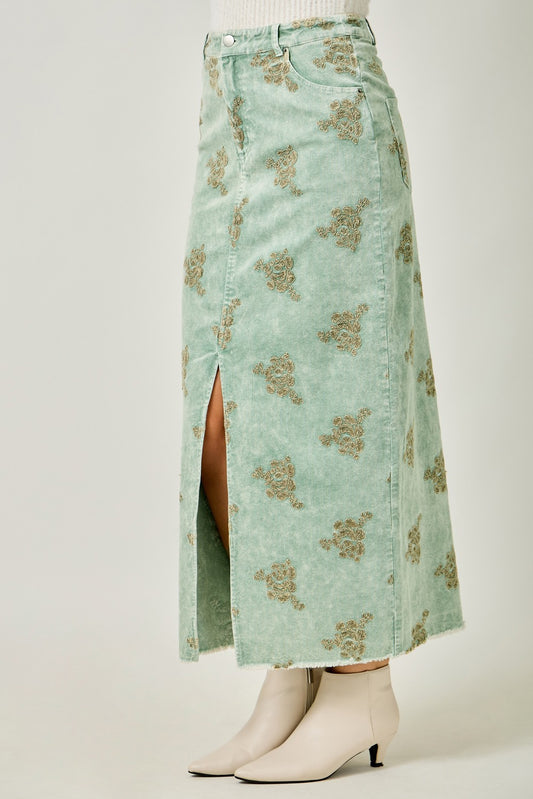 Embroidered Front Slit Corduroy Skirt