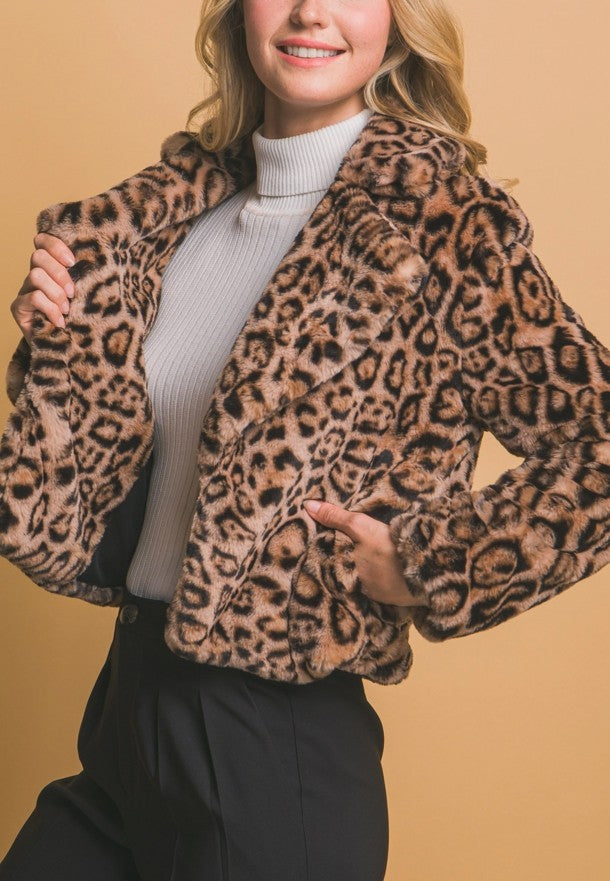 Leopard Faux Fur Cropped Jacket in Camel