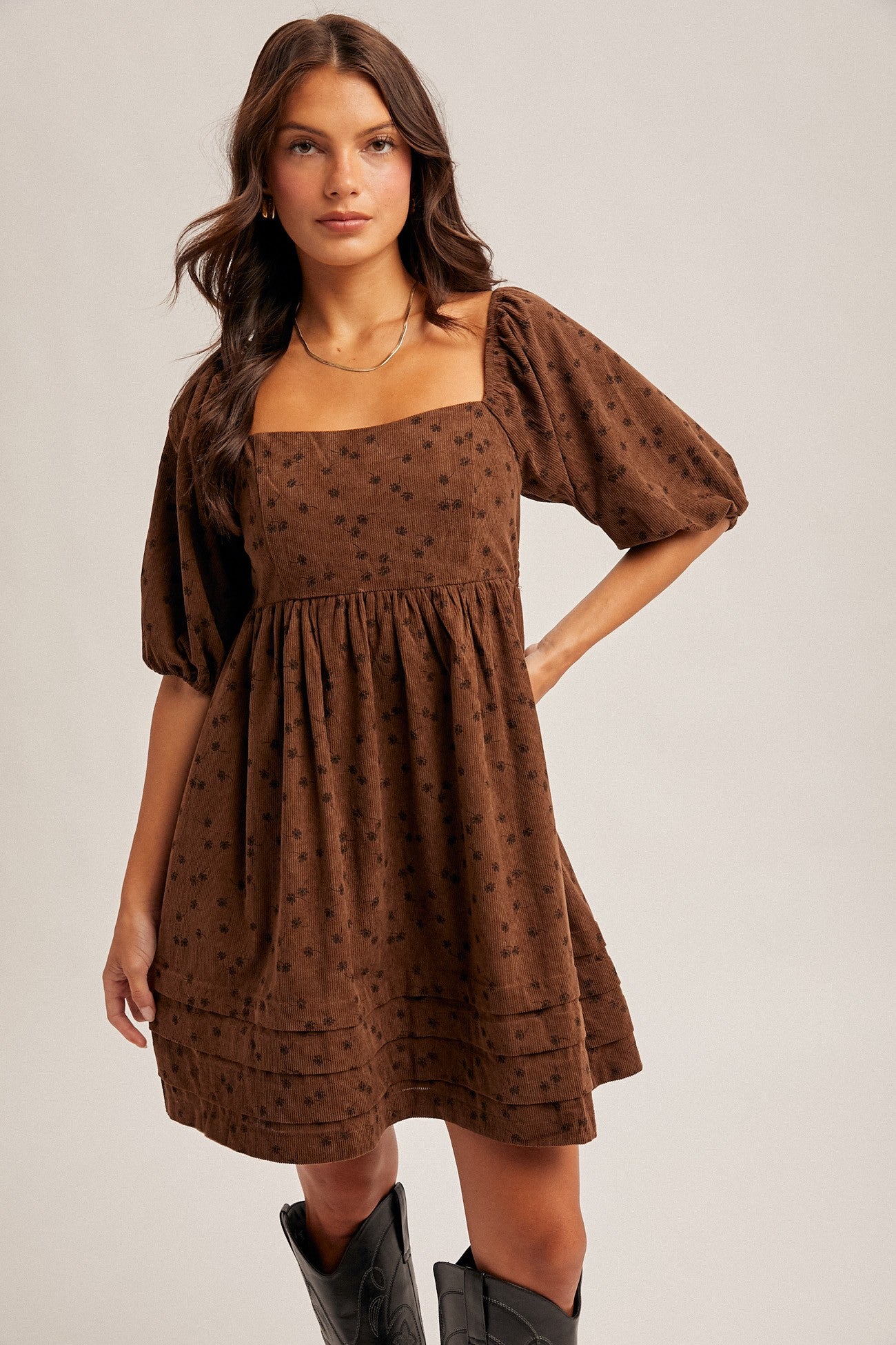Floral Corduroy Babydoll Dress in Chocolate