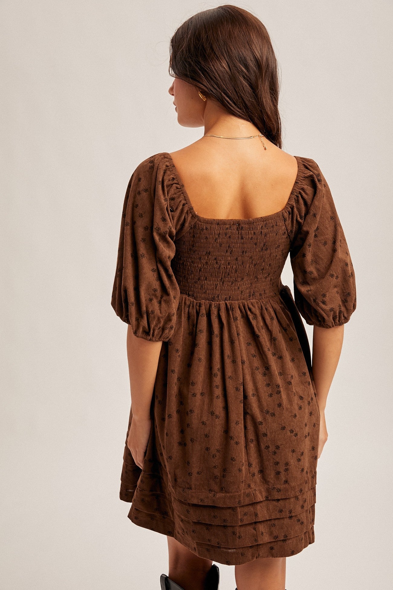Floral Corduroy Babydoll Dress in Chocolate