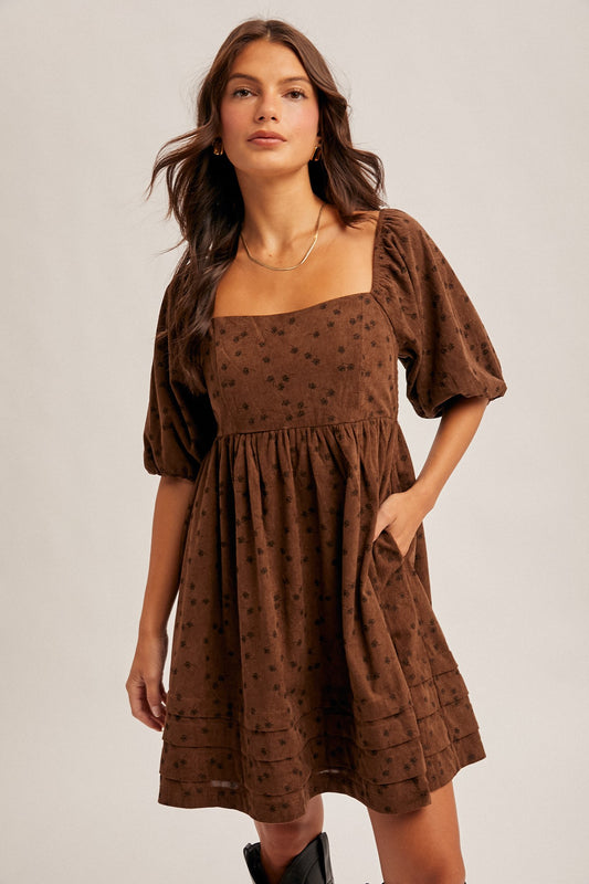 Floral Corduroy Babydoll Dress in Chocolate