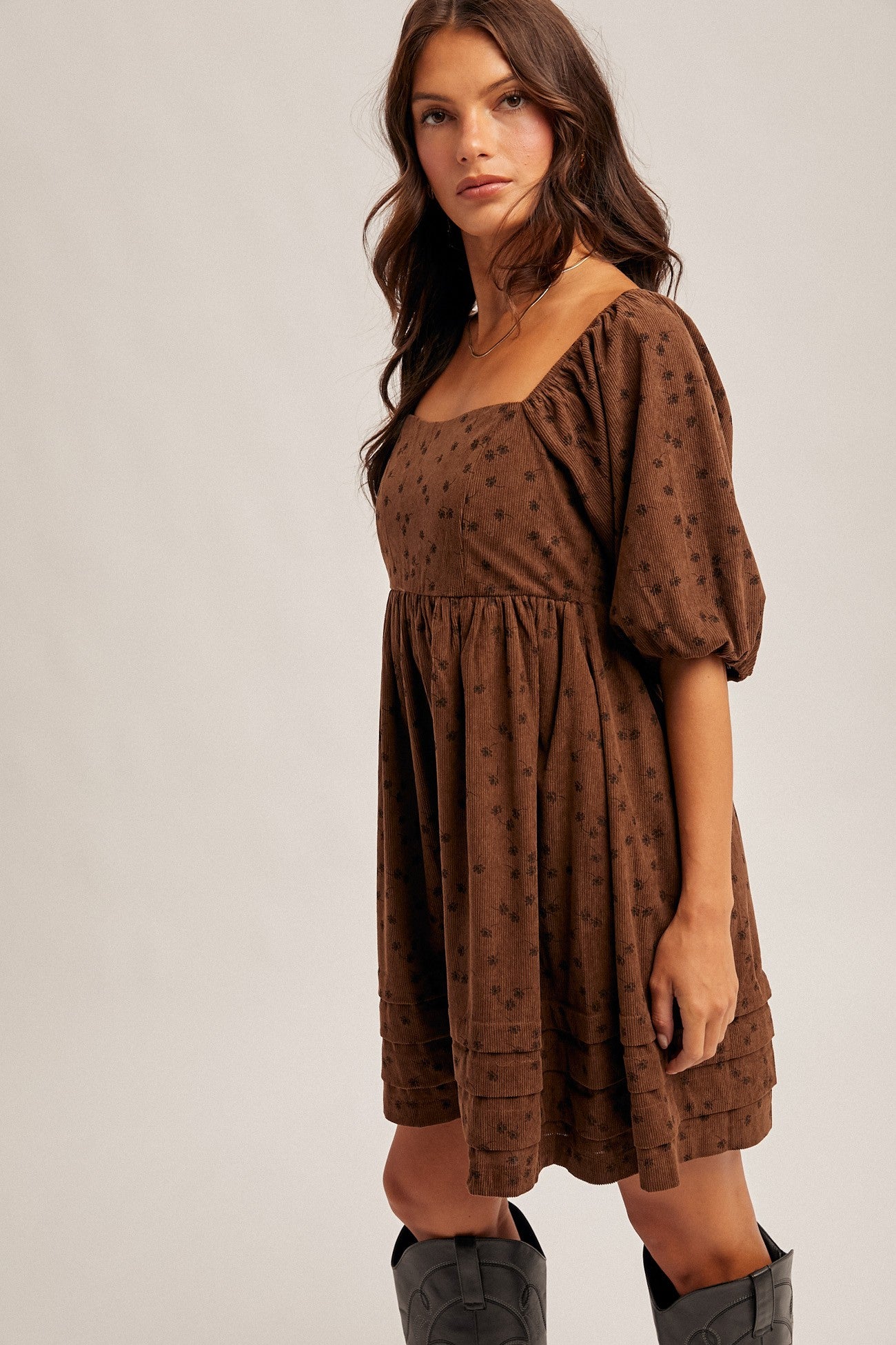 Floral Corduroy Babydoll Dress in Chocolate