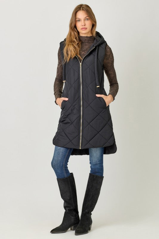 Quilted Puffer Long Hoodie Vest