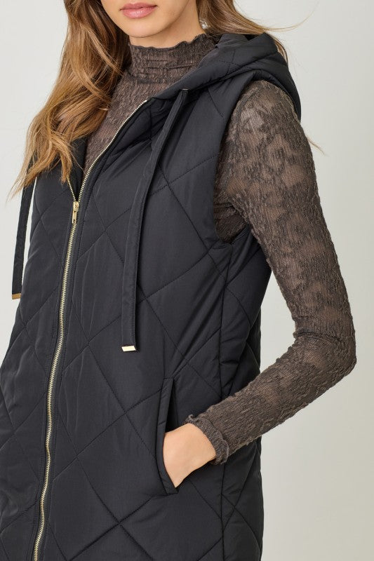 Quilted Puffer Long Hoodie Vest