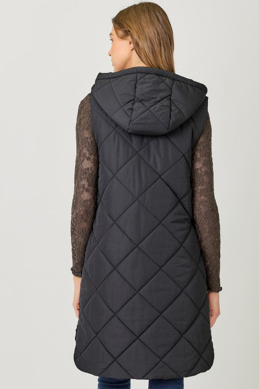 Quilted Puffer Long Hoodie Vest