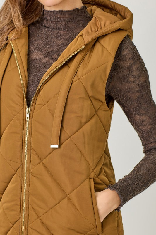 Quilted Puffer Long Hoodie Vest