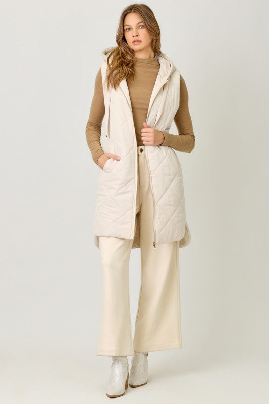 Quilted Puffer Long Hoodie Vest