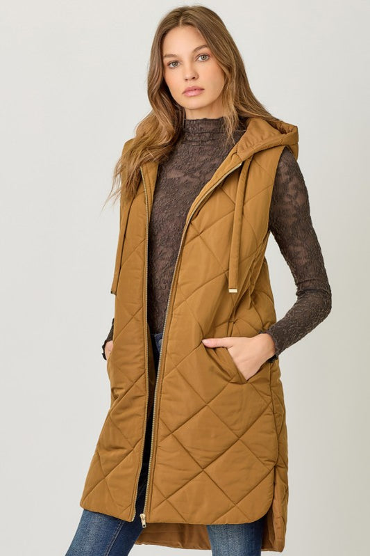 Quilted Puffer Long Hoodie Vest