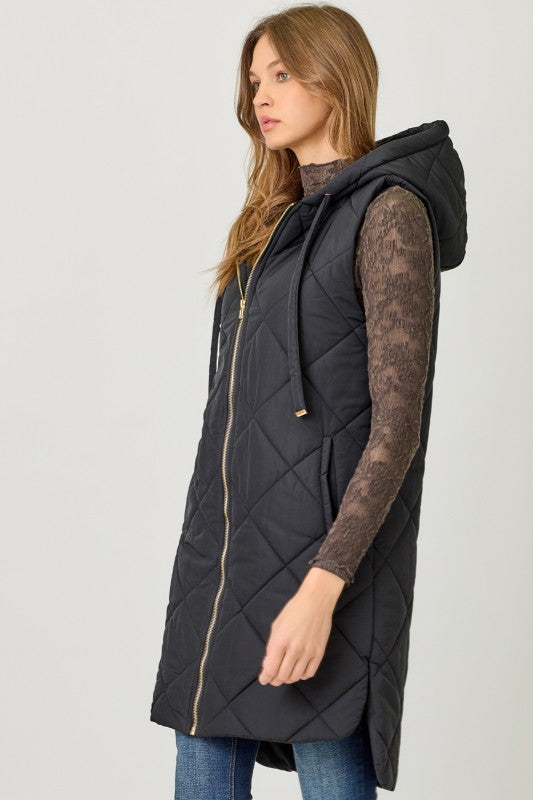 Quilted Puffer Long Hoodie Vest