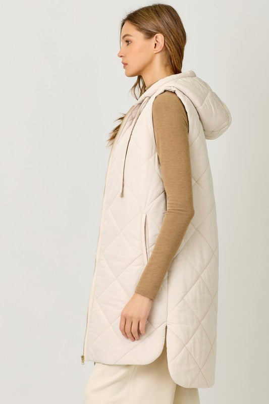 Quilted Puffer Long Hoodie Vest