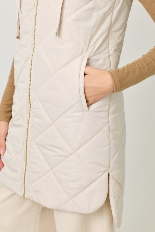 Quilted Puffer Long Hoodie Vest