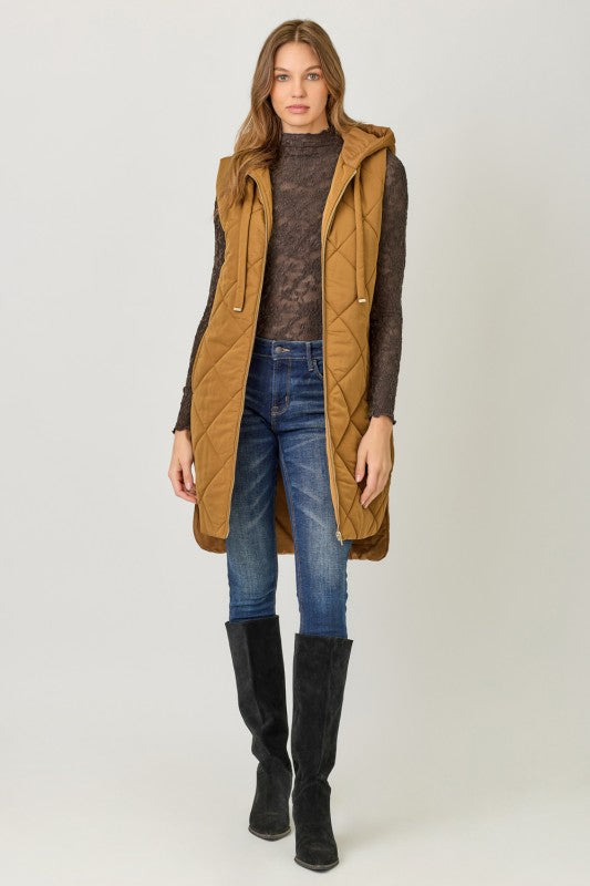 Quilted Puffer Long Hoodie Vest