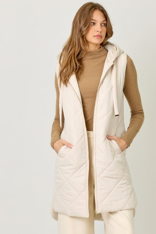 Quilted Puffer Long Hoodie Vest