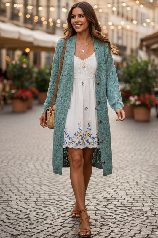 Pointelle Knit Long Cardigan in Sage