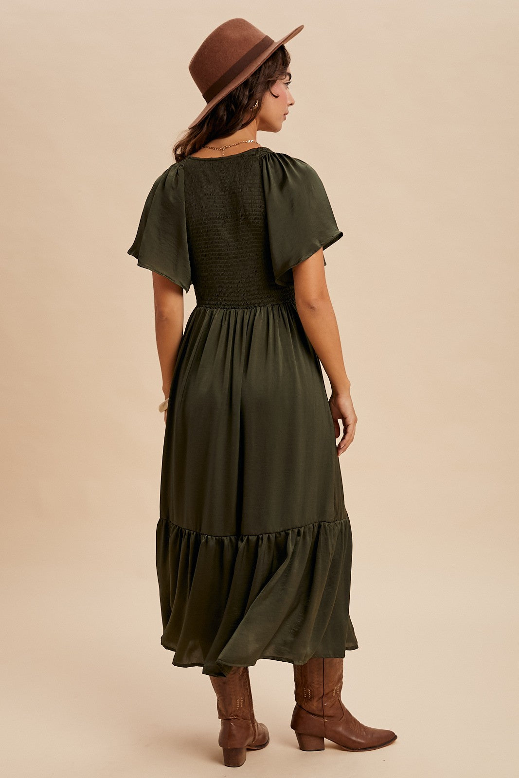 Satin Midi Dress in Olive