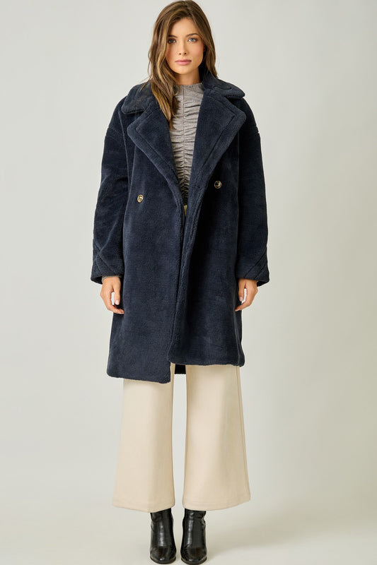 Double Breasted Faux Fur Coat in Navy
