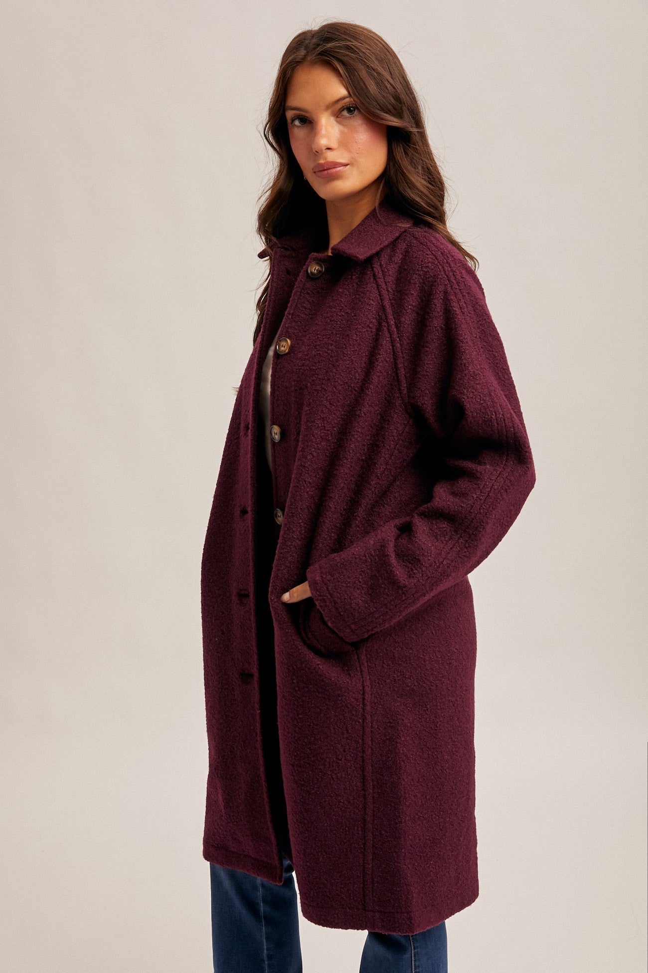 Teddy Texture Button Down Coat in Plum