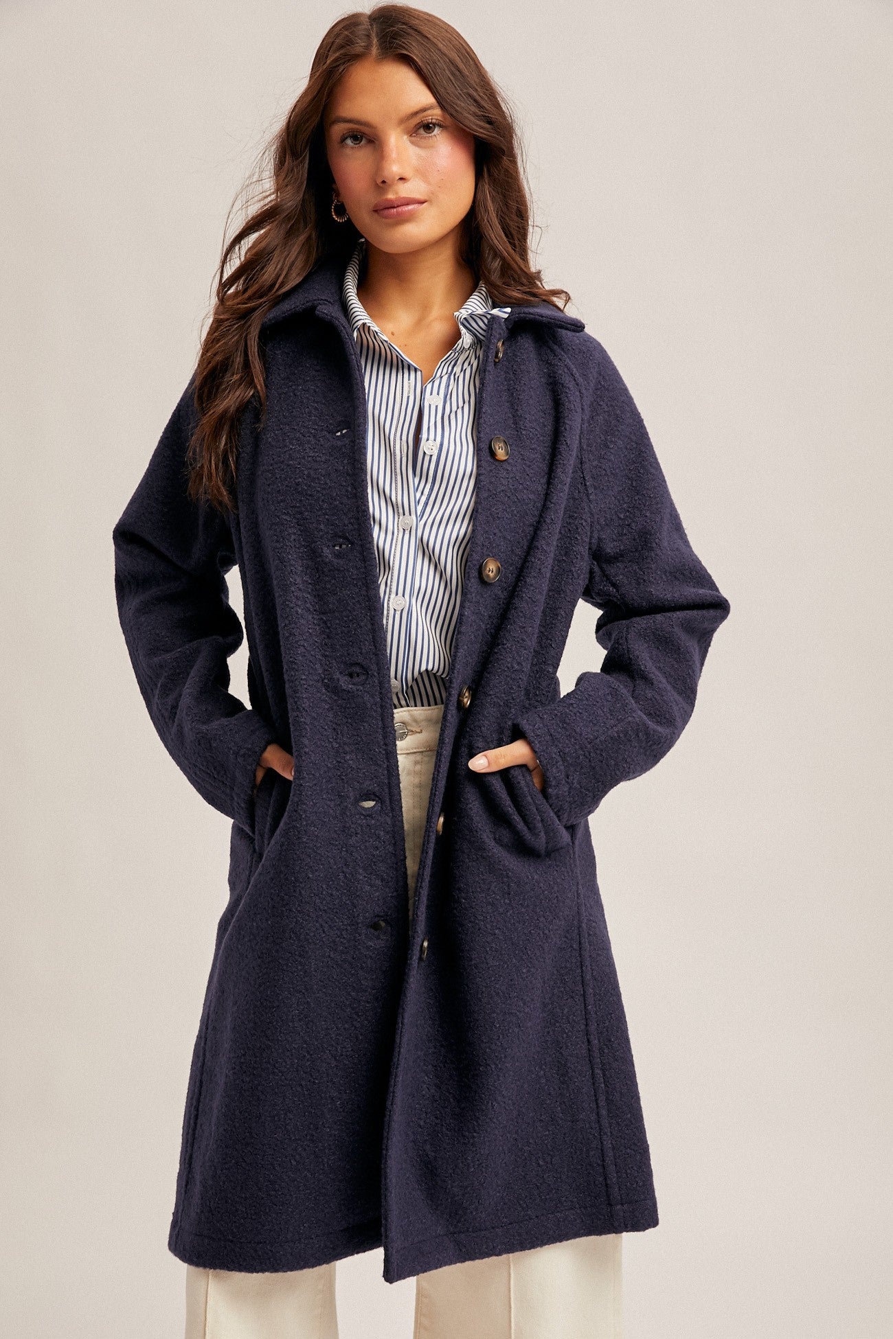 Teddy Texture Button Down Coat in Navy