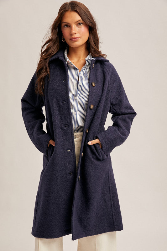 Teddy Texture Button Down Coat in Navy