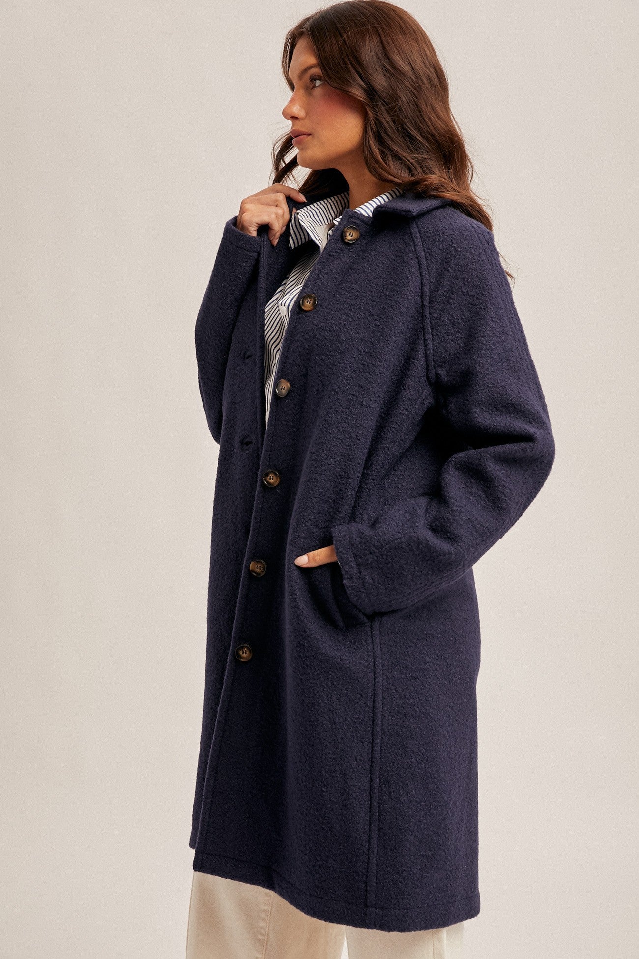 Teddy Texture Button Down Coat in Navy