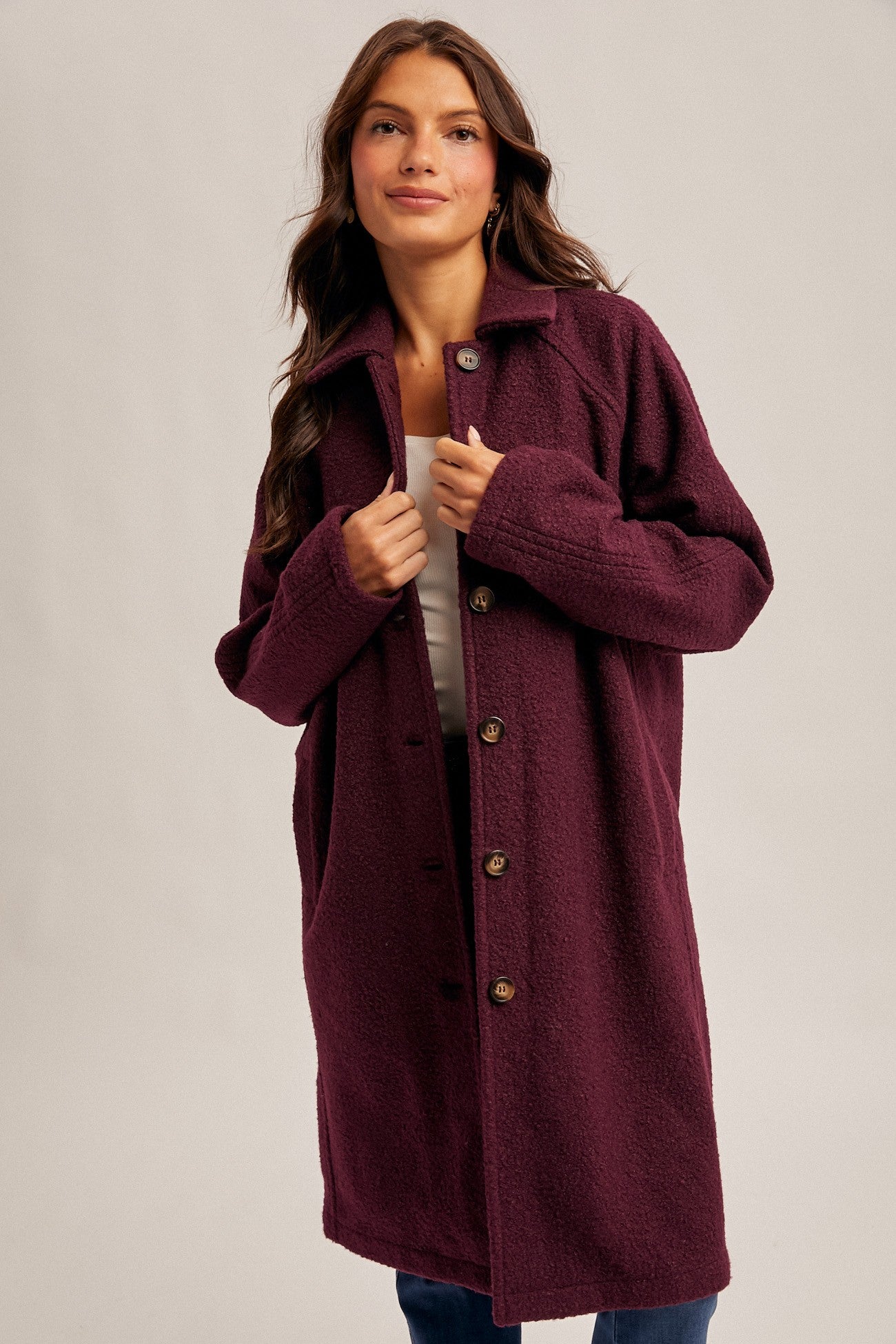 Teddy Texture Button Down Coat in Plum
