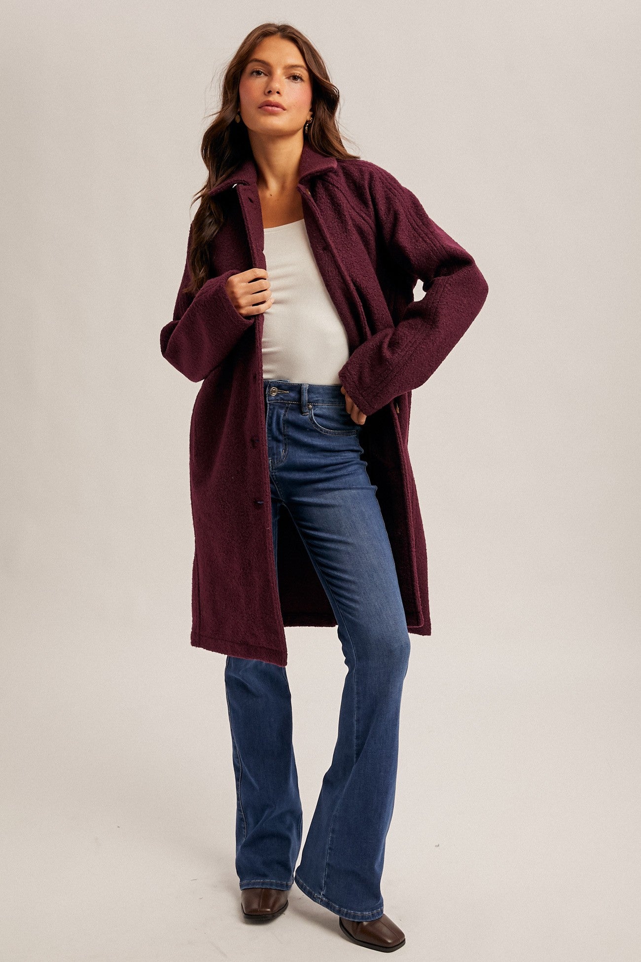 Teddy Texture Button Down Coat in Plum