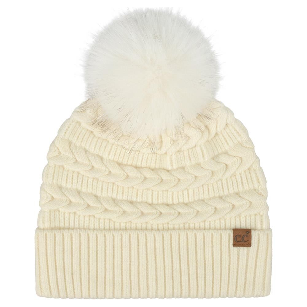 C.C. Braided Faux Fur Pom Beanie