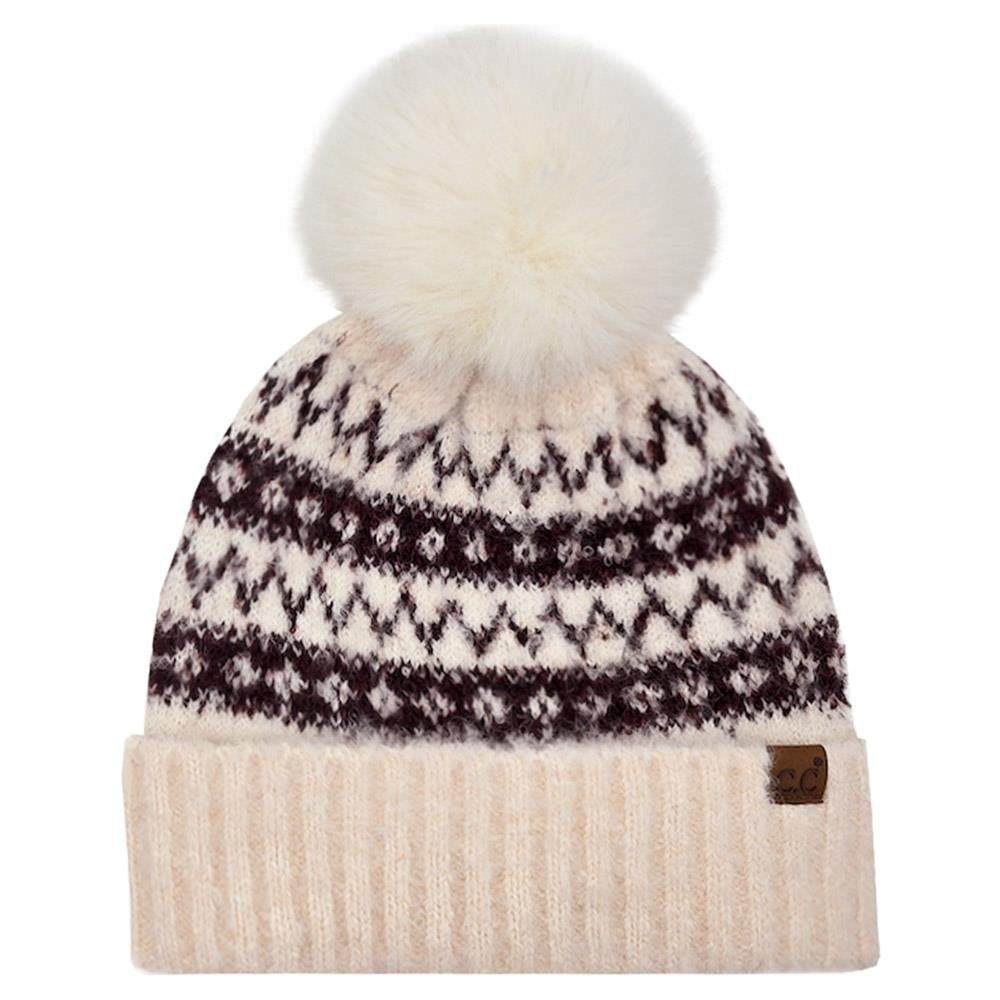 C.C. Fair Isle Beanie With Faux Fur Pom