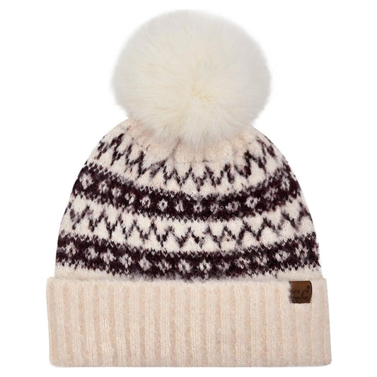 C.C. Fair Isle Beanie With Faux Fur Pom