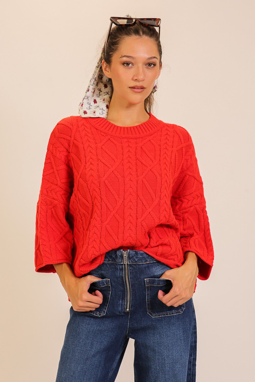 Texture Cable Knit Sweater in Red