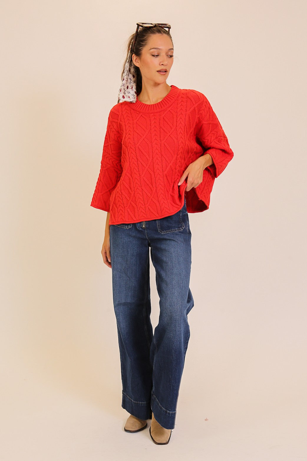 Texture Cable Knit Sweater in Red