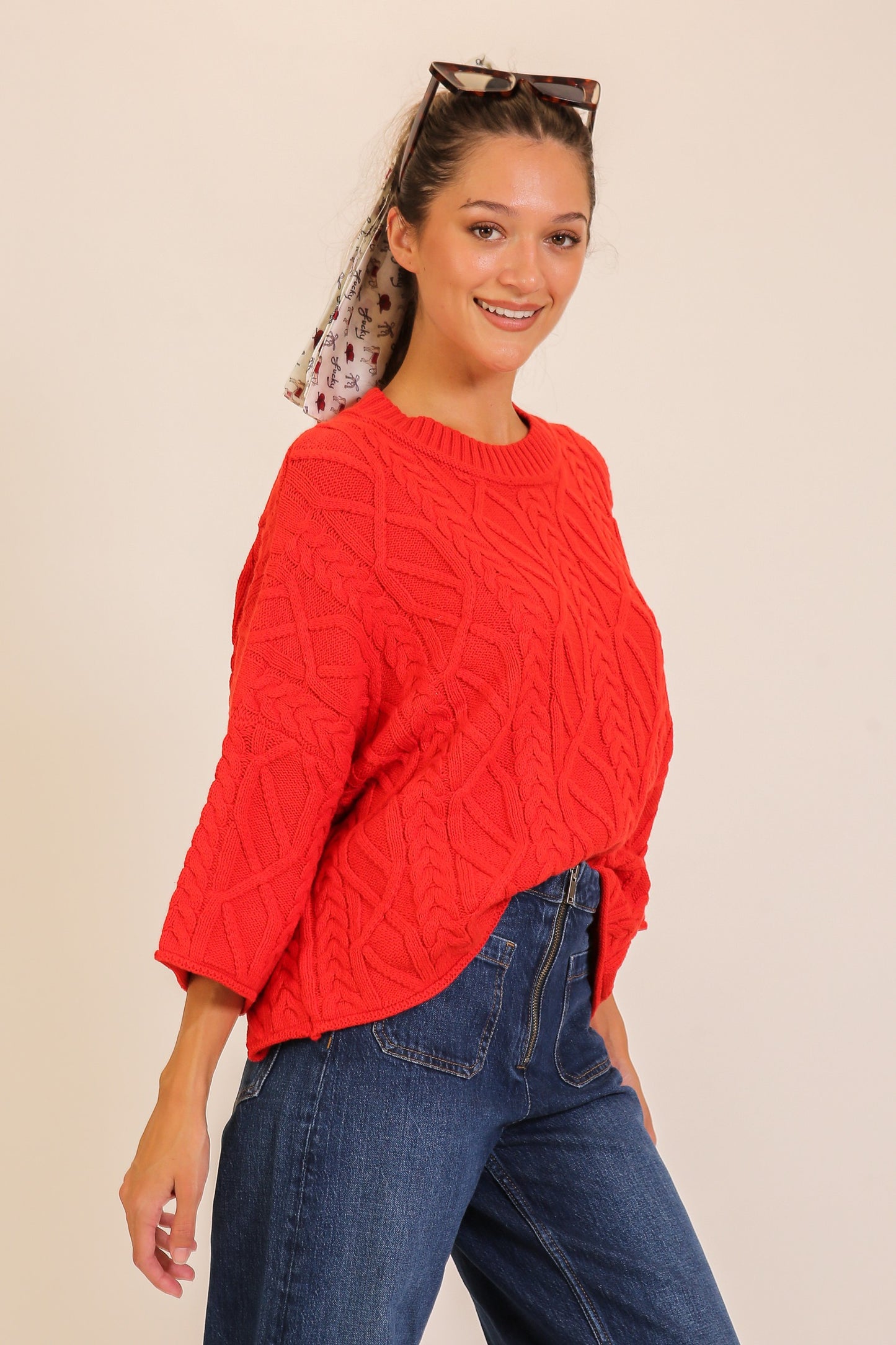 Texture Cable Knit Sweater in Red
