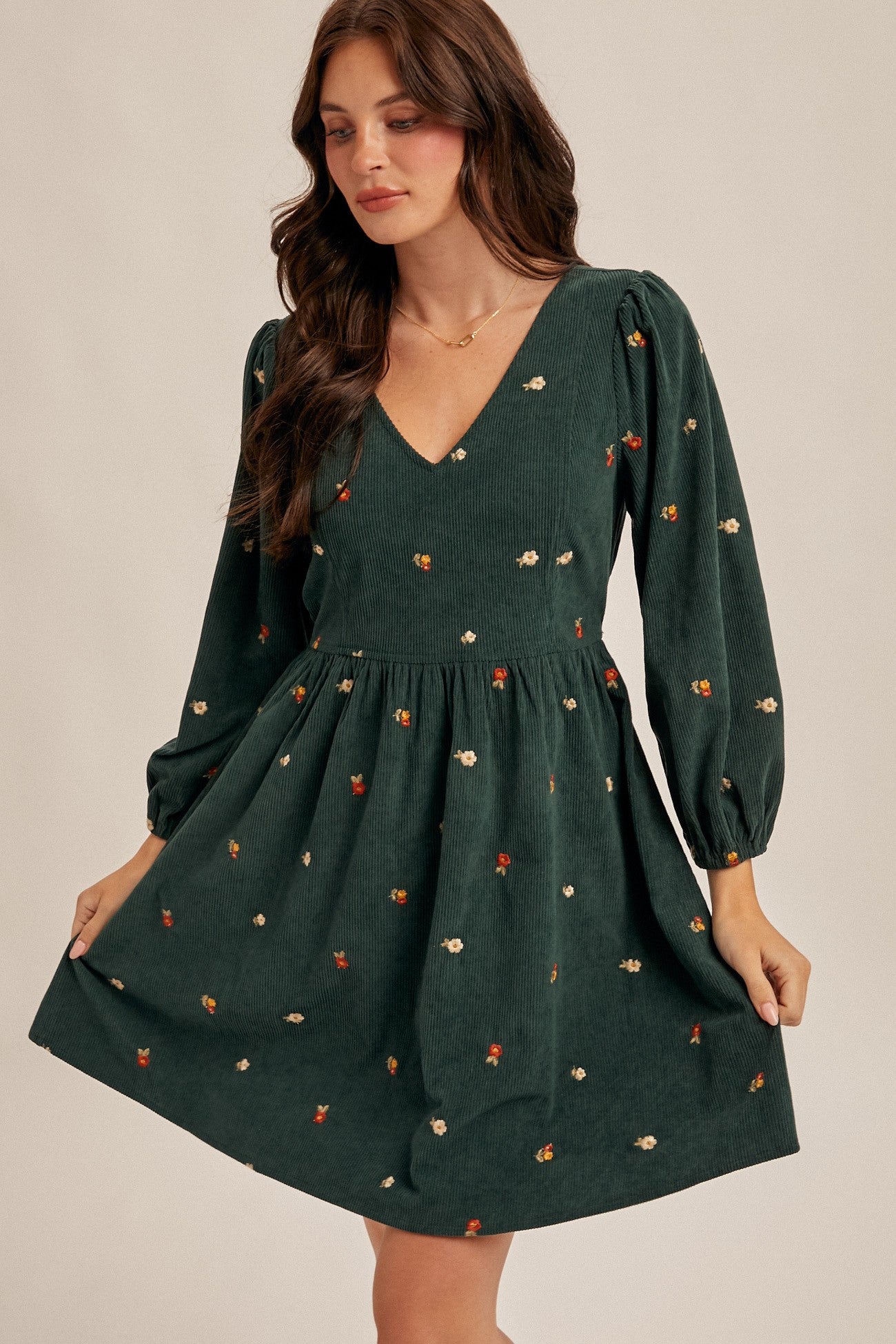 Corduroy Mini Dress in Hunter Green