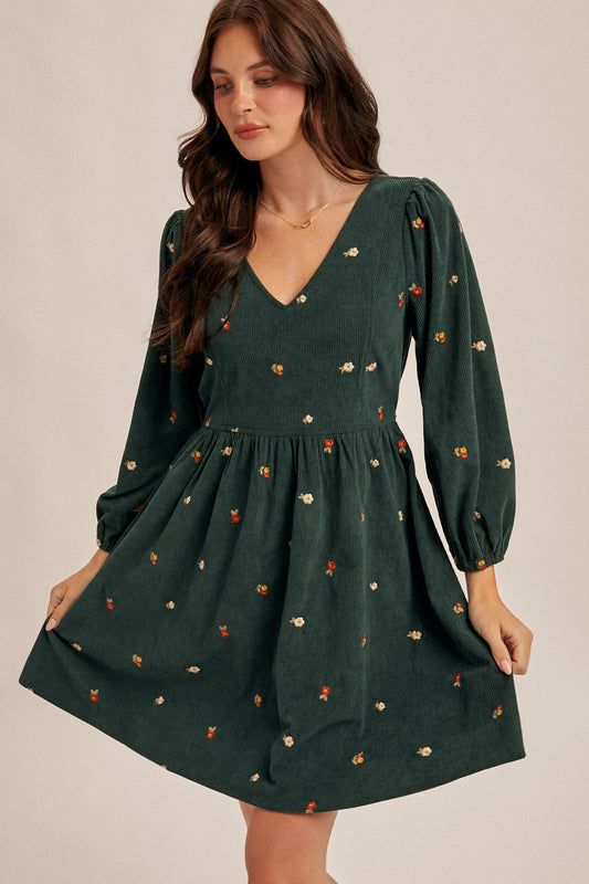 Corduroy Mini Dress in Hunter Green