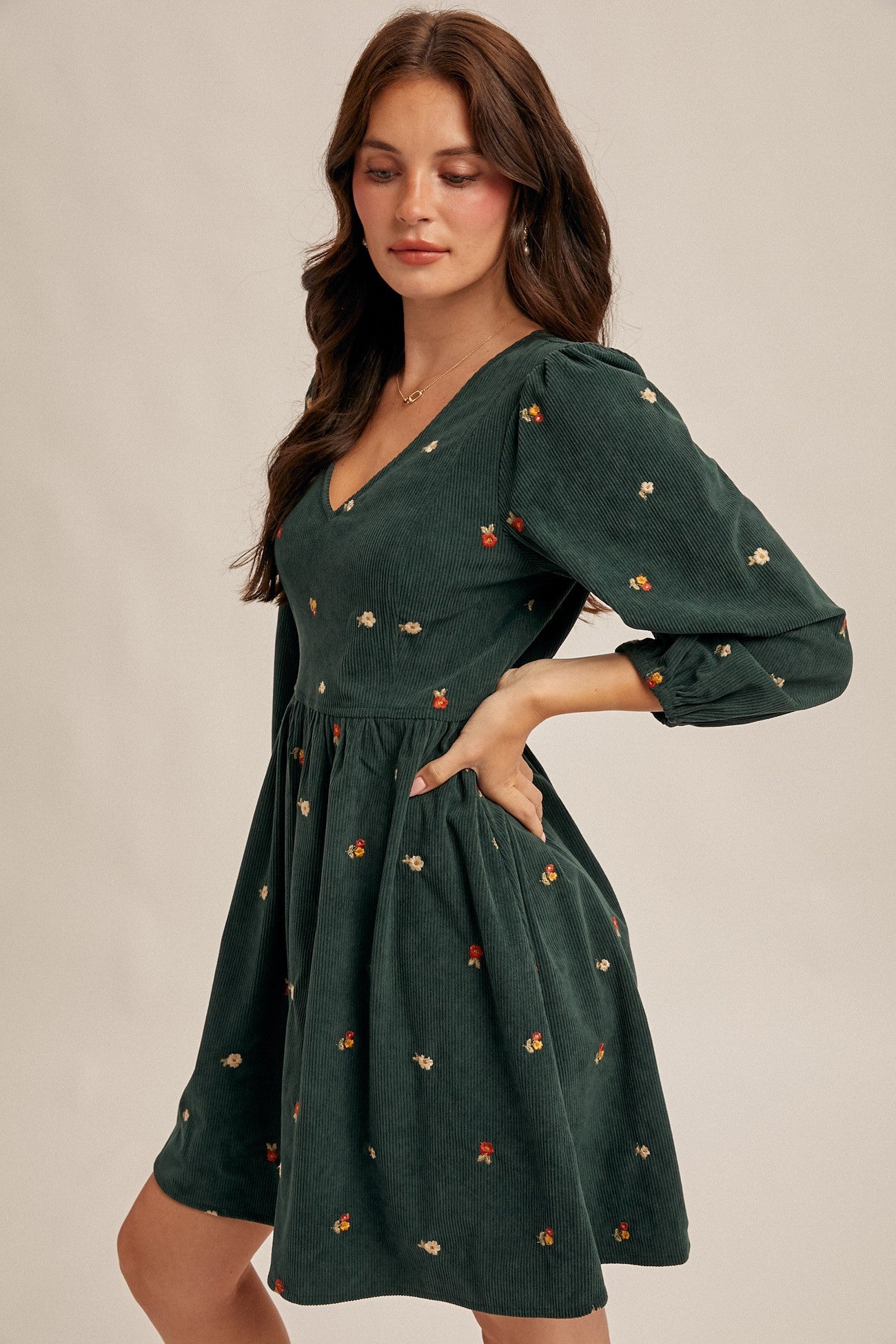 Corduroy Mini Dress in Hunter Green