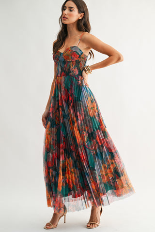 Pleated Floral Tulle Maxi Dress in Multi Orange