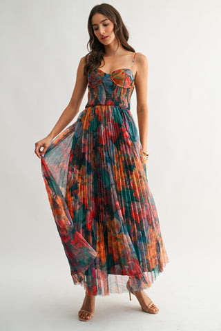 Pleated Floral Tulle Maxi Dress in Multi Orange