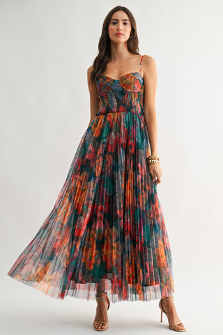Pleated Floral Tulle Maxi Dress in Multi Orange