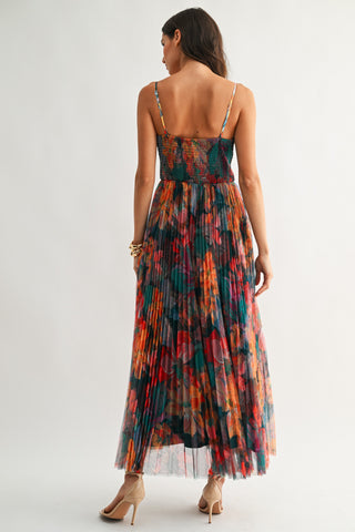 Pleated Floral Tulle Maxi Dress in Multi Orange