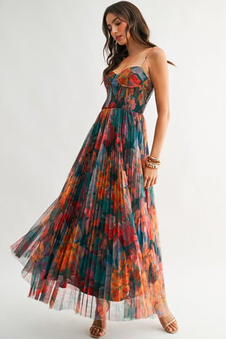 Pleated Floral Tulle Maxi Dress in Multi Orange