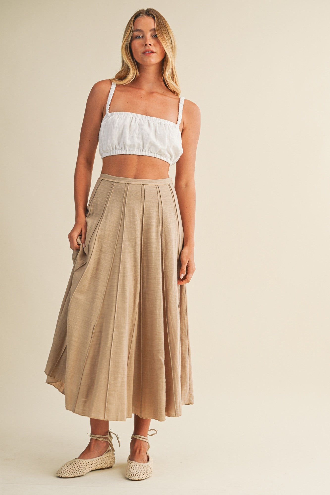 Pleated Seam Midi Skirt