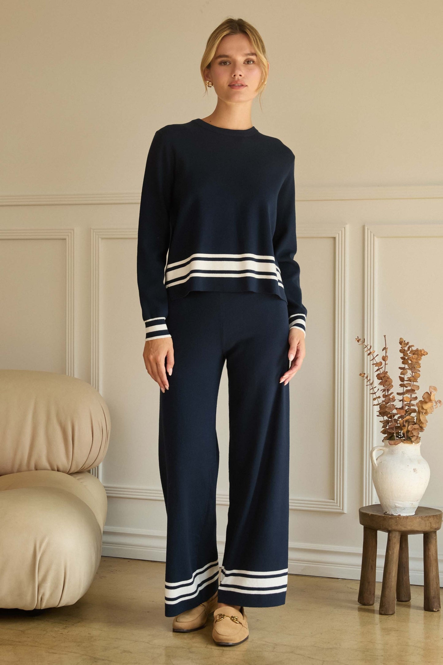 Navy Sweater with Stripe Hem