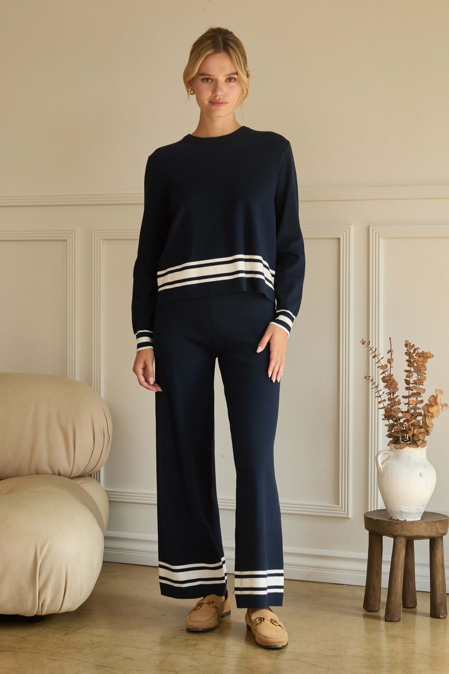 Navy Stripe Hem Sweater Pants
