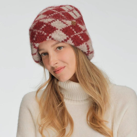 C.C. Argyle Cuff Beanie in Burgundy